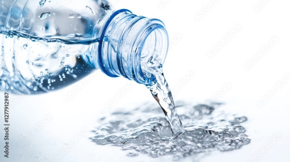 High-speed close-up of water being poured from a transparent bottle, freezing the motion of liquid against a bright white backdrop. High-speed close-up of water being poured from a transparent bottle, freezing the motion of liquid against a bright white backdrop.