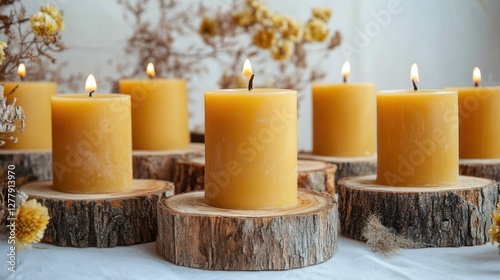 Natural beeswax candles arranged on rustic wooden bases elegant decor elements on the white background. photo