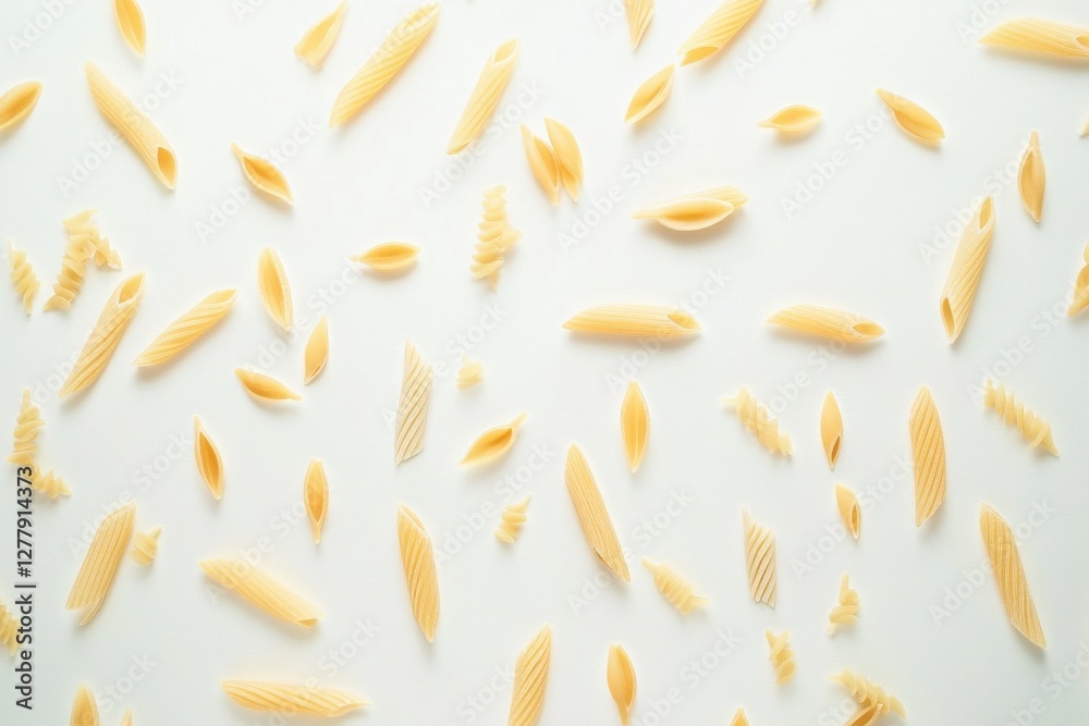 Obraz premium Assortment of uncooked pasta shapes on a white surface, arranged in a simple, clean pattern, providing a versatile background for food and culinary-themed projects or designs.