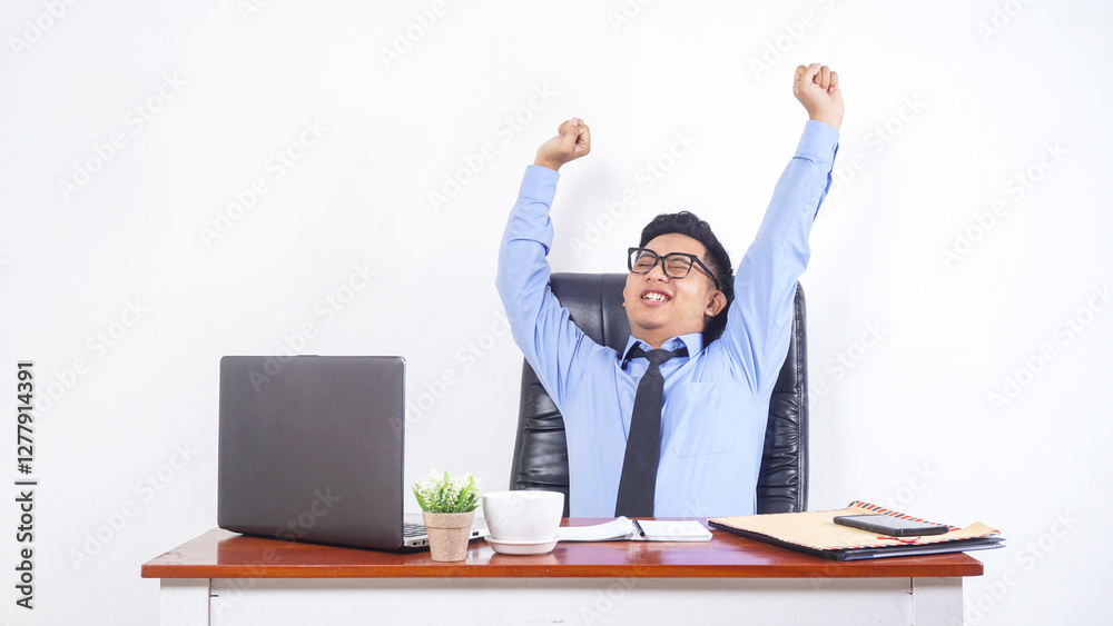 Portrait of Tired Young Adult Asian Businessman Employee in The Office Isolated on White Background Portrait of Tired Young Adult Asian Businessman Employee in The Office Isolated on White Background