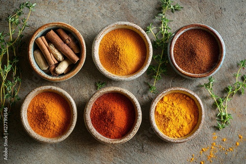 Overhead shot of diverse spices in rustic bowls, showcasing cinnamon, turmeric, paprika, with fresh thyme sprigs, culinary ingredient still life, flavor enhancement concept.