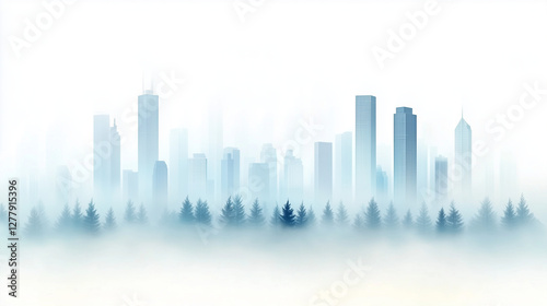 Misty city skyline blending with a forest
