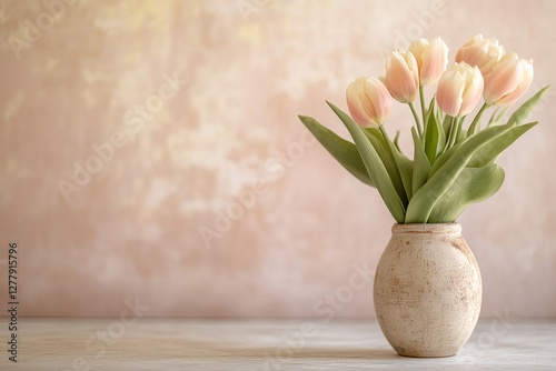 Delicate tulips in an elegant vase create serene and warm atmosp photo