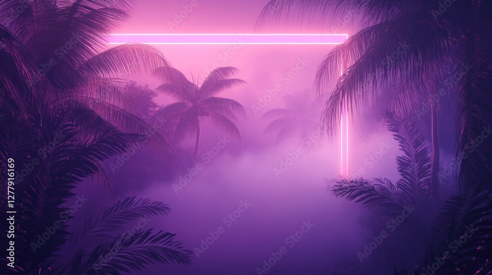 Neon rectangle illuminates purple palm trees in foggy tropical landscape Neon rectangle illuminates purple palm trees in foggy tropical landscape