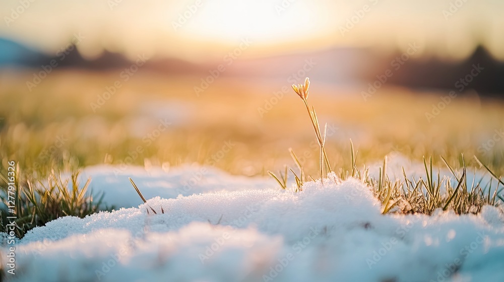 Obraz premium Gentle sunlight illuminates snow-covered grass, highlighting nat