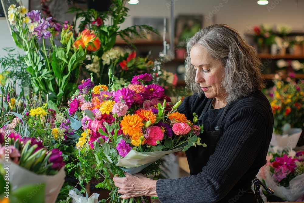Dedicated florist crafting a vibrant flower bouquet in her shop, surrounded by an abundance of colorful blossoms and greenery, demonstrating skill and passion for floral design. Dedicated florist crafting a vibrant flower bouquet in her shop, surrounded by an abundance of colorful blossoms and greenery, demonstrating skill and passion for floral design.