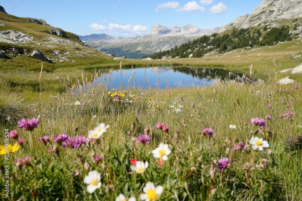 Lush wildflowers surround tranquil pond reflecting blue skies an Lush wildflowers surround tranquil pond reflecting blue skies an