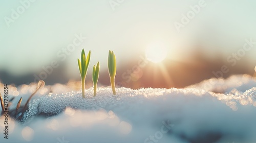 Wallpaper Mural Emerging green shoots break through soft snow, bathed in warm su Torontodigital.ca
