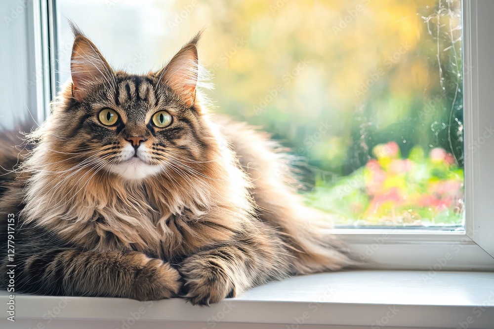 A majestic Maine Coon cat, lounging gracefully on a sunlit windowsill, gazing intently towards the outside world, with a soft, blurred garden backdrop. A majestic Maine Coon cat, lounging gracefully on a sunlit windowsill, gazing intently towards the outside world, with a soft, blurred garden backdrop.