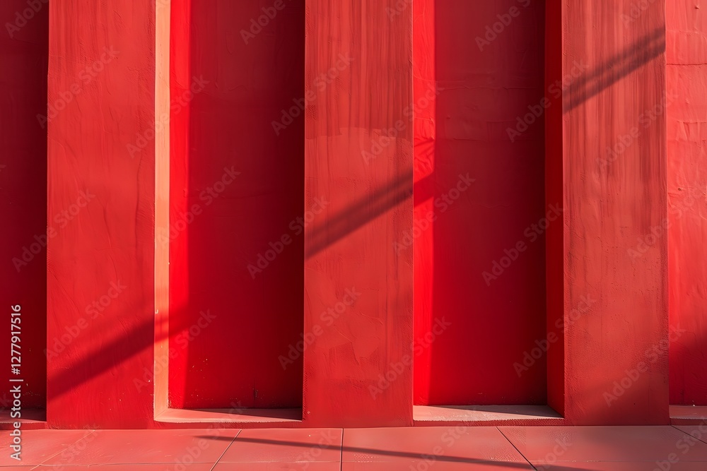 Red background, minimalist style, symmetrical composition, vertical lines, geometric shapes Red background, minimalist style, symmetrical composition, vertical lines, geometric shapes