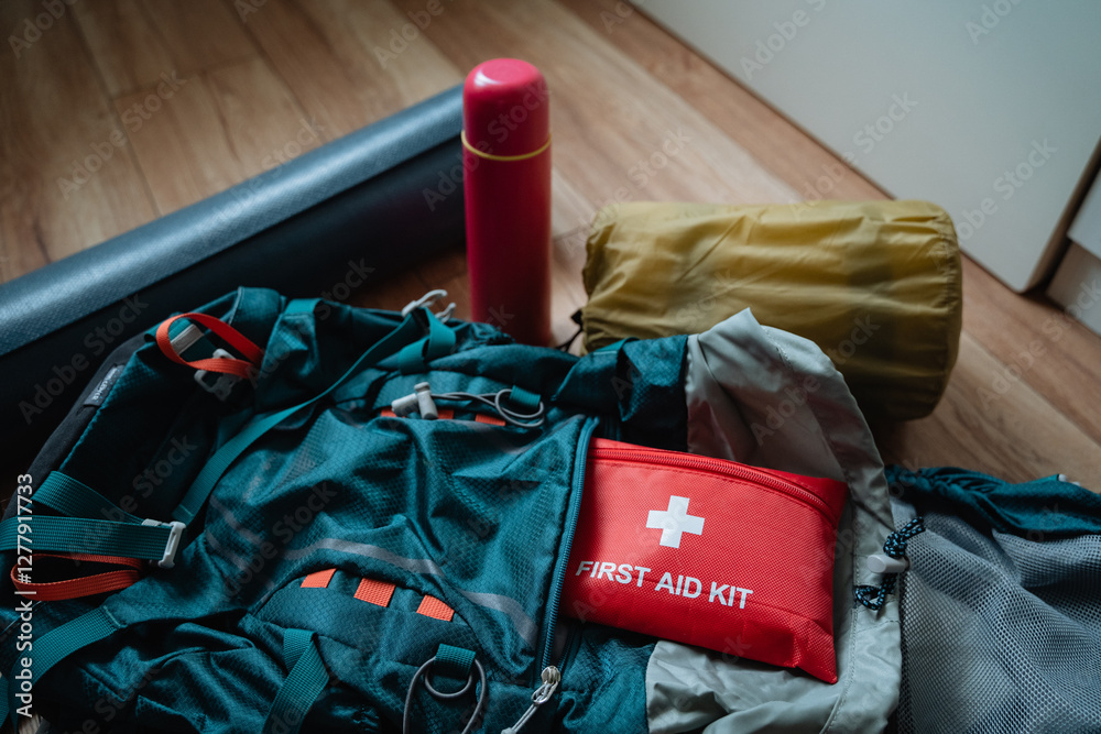 Naklejka premium A first aid kit is conveniently placed right on top of a backpack that is likely being prepared for a trip or outdoor activity, providing easy access to essential medical supplies