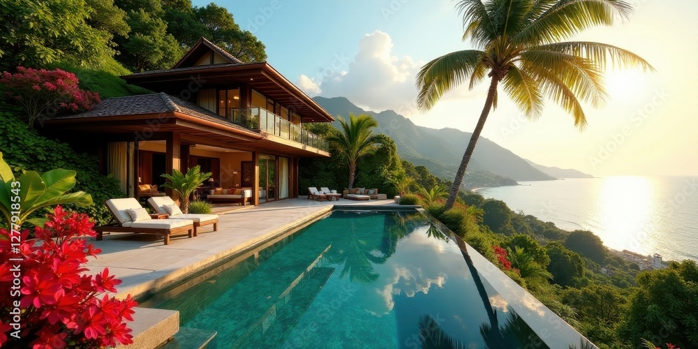 Fototapeta premium Luxury ocean view villa with infinity pool and lush tropical landscaping, offering ultimate relaxation and breathtaking sunsets