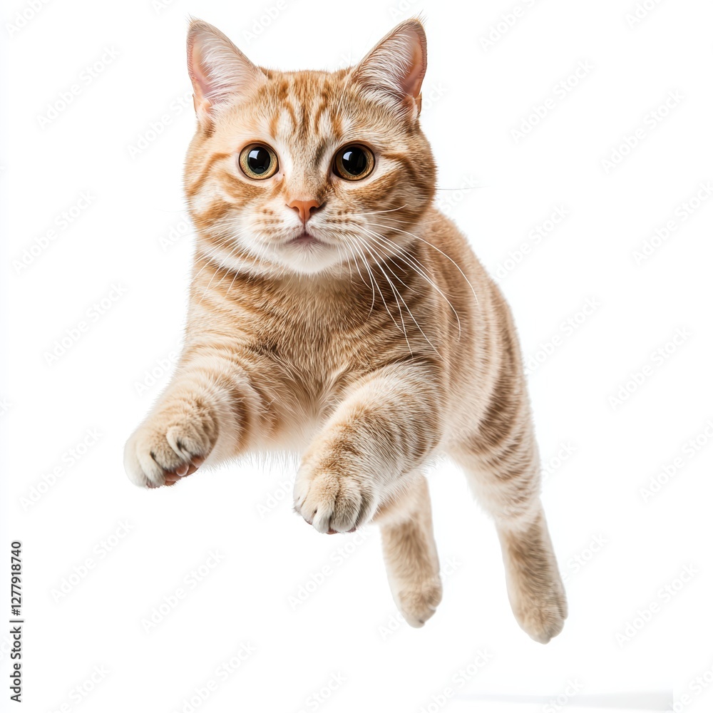 Fototapeta premium A playful orange tabby cat leaps gracefully through the air, showcasing its agile nature and curiosity.