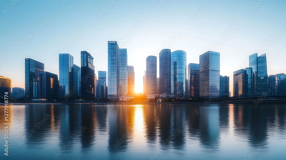 Naklejka premium Modern City Skyline Reflected in Calm Water at Sunset