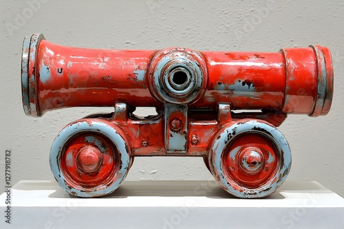 An antique iron cannon guards the isolated red fire hydrant