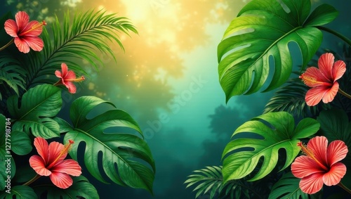 Lush Tropical Foliage with Vibrant Hibiscus Blossoms Illuminated by a Golden Sunlight Effect