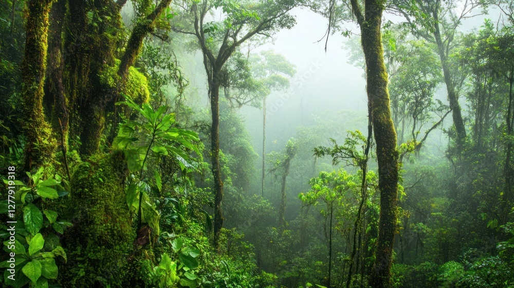 Obraz premium Lush green rainforest view under a canopy of trees