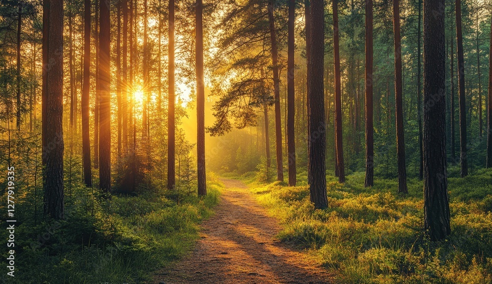 Golden sunrise path through misty pine forest Golden sunrise path through misty pine forest