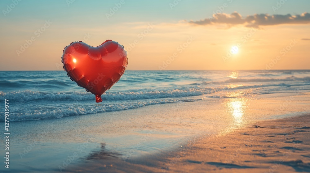 Fototapeta premium Red Heart Shaped Balloon Floating on a Tranquil Beach at Sunset