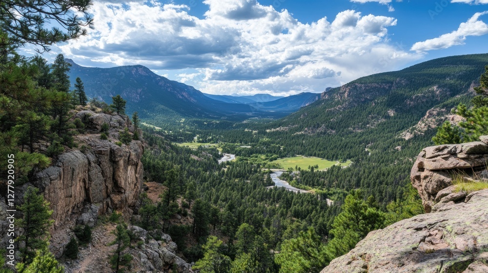 Mountain valley view includes evergreen trees rock cliffs and sky Mountain valley view includes evergreen trees rock cliffs and sky