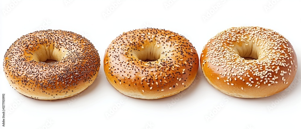Three delicious bagels with sesame seeds, showcasing a golden-brown exterior and a classic round shape, perfect for breakfast or snacks. Three delicious bagels with sesame seeds, showcasing a golden-brown exterior and a classic round shape, perfect for breakfast or snacks.