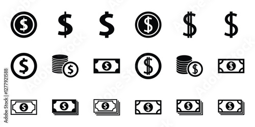 Set of money icon symbol vector on white background.