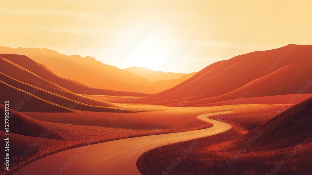 Fototapeta premium Winding road leads through a warm colored landscape
