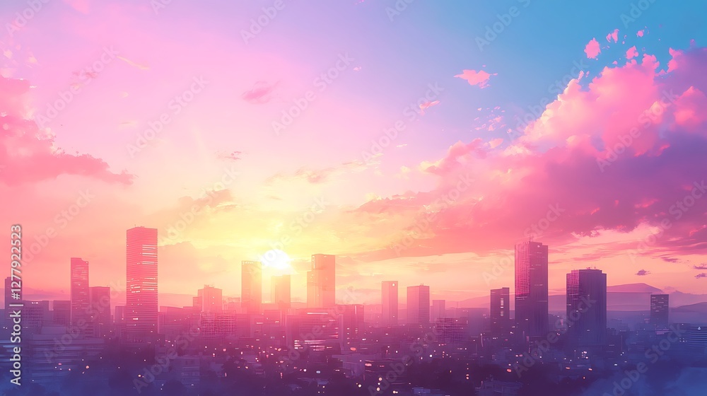 Fototapeta premium City Skyline Sunset Pastel Hues Vibrant Colors