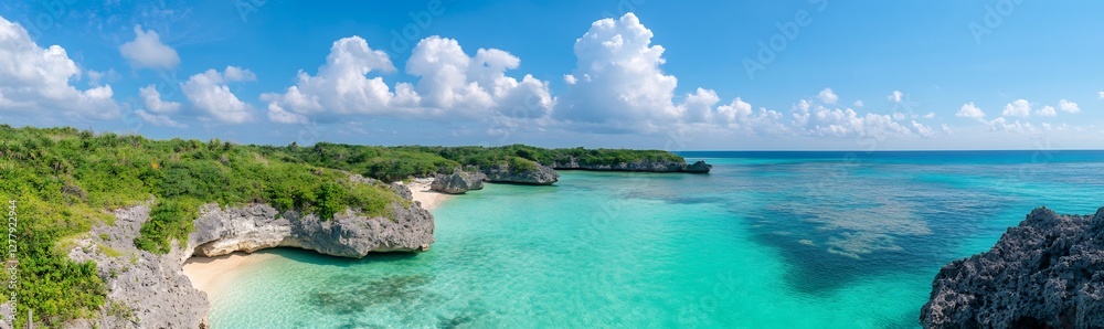 Aerial ocean view of rocky cliffs & beach in tropical paradise for travel ad Aerial ocean view of rocky cliffs & beach in tropical paradise for travel ad