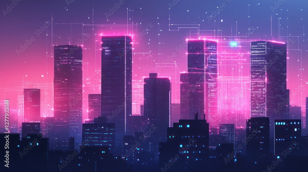 Futuristic cityscape with glowing networks and neon accents Futuristic cityscape with glowing networks and neon accents