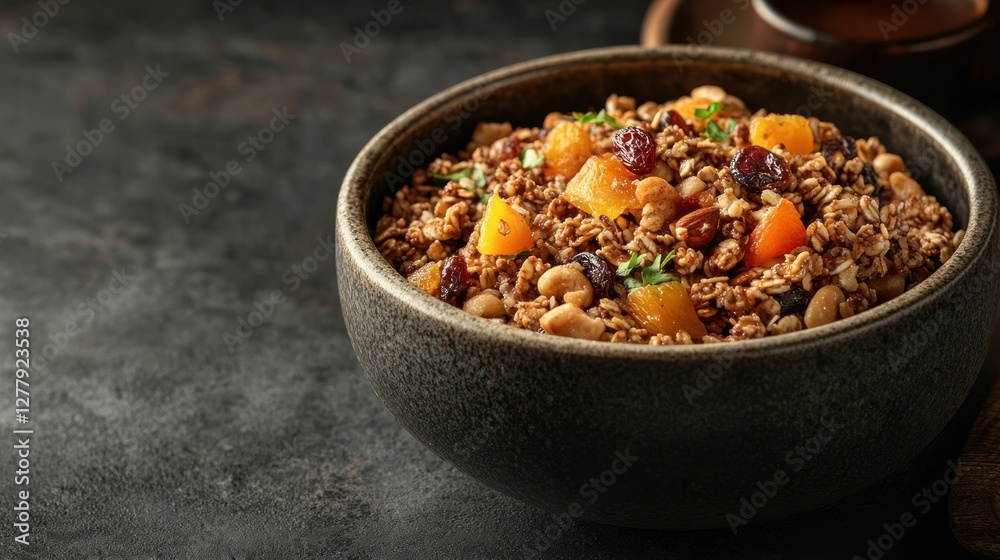 Delicious granola with dried fruit and nuts in bowl