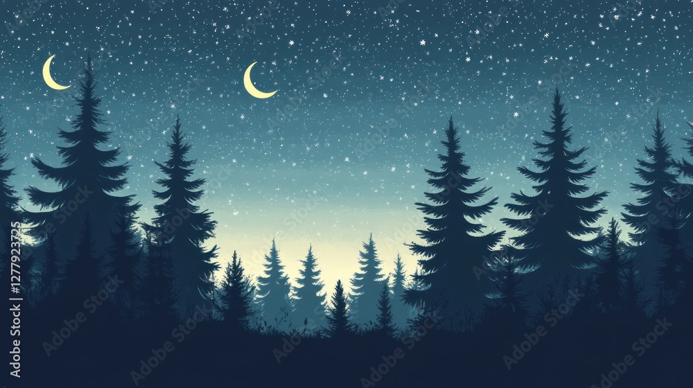 Fototapeta premium Night landscape shows pine tree silhouettes with celestial backdrop