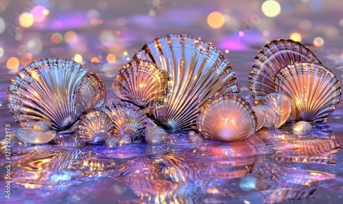 A serene underwater scene featuring colorful seashells reflecting light in a tranquil setting