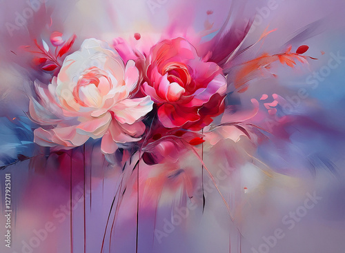 Soft painted flowers in pink and red hues gently bloom against a dreamy, blurred background, creating an elegant floral artwork.