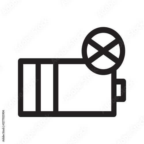 Line icon of a battery symbol with a cross mark, indicating empty power or no charge status for electronic devices.