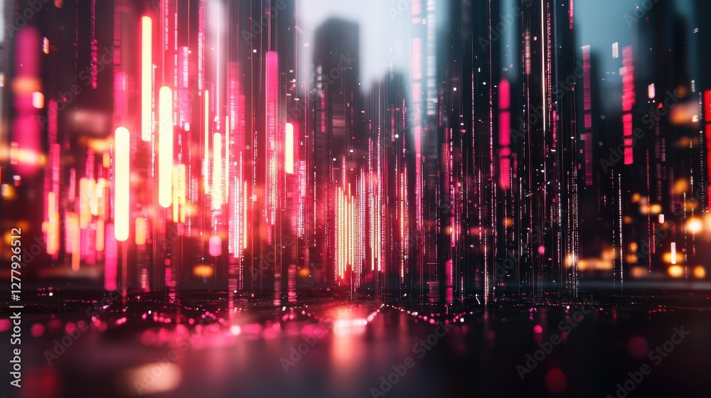 Fototapeta premium Futuristic City with Glowing Neon Lights and Skyscrapers in Dynamic Motion
