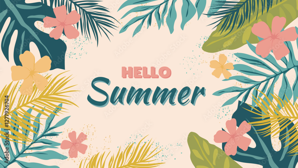 Obraz premium Tropical frame with borders of palm leaves, plants and flowers. Hello summer tropical background with wildlife leaves. Beautiful vector illustration of summer background for design.