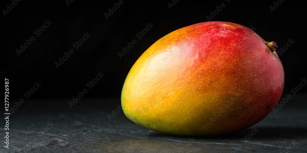 A ripe mango is sitting on a countertop. The fruit is bright orange and has a smooth, shiny surface. Concept of freshness and abundance, as the mango is a symbol of health and vitality A ripe mango is sitting on a countertop. The fruit is bright orange and has a smooth, shiny surface. Concept of freshness and abundance, as the mango is a symbol of health and vitality
