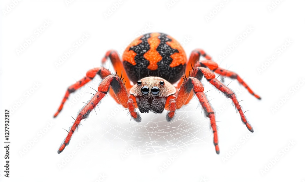 Fototapeta premium Close-up view of a vibrant orange and black spider on a white background, showcasing its intricate features