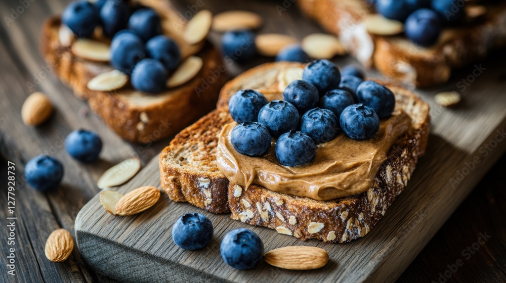 Whole-grain toast topped with almond butter, fresh blueberries, and almond slices, arranged on a simple wooden cutting board Whole-grain toast topped with almond butter, fresh blueberries, and almond slices, arranged on a simple wooden cutting board