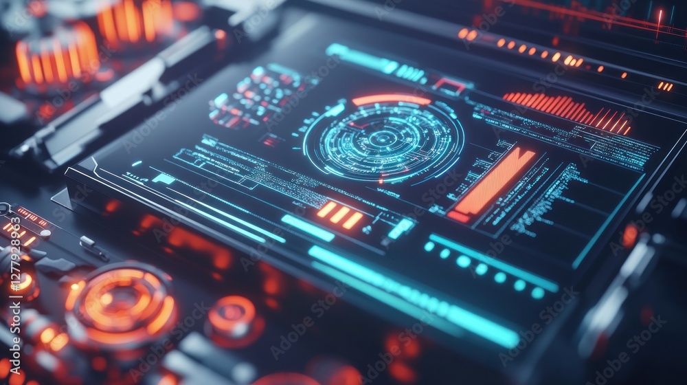 Complex display screen presenting futuristic technology data and indicators Complex display screen presenting futuristic technology data and indicators