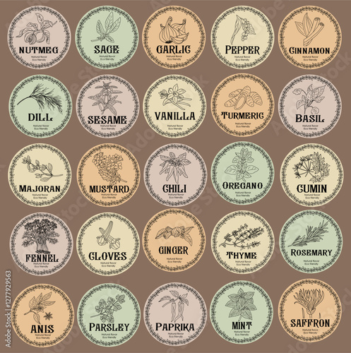 Pantry spice jar seasoning label sticker organizer set. Cardboard food labels or stickers for kitchen food containers with spices. Labels, stickers, craft decals, floral frame and spice name