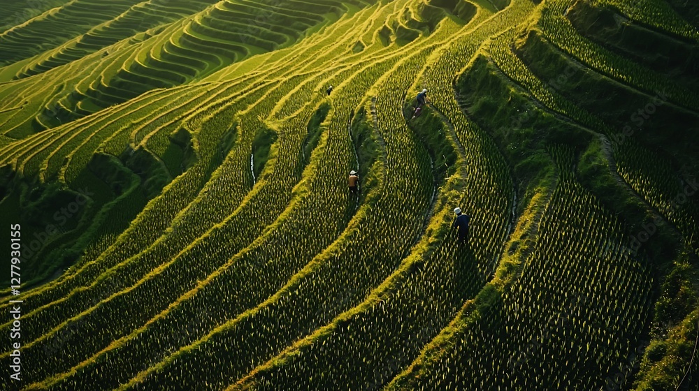 Fototapeta premium Aerial view of farmers working in vibrant green rice terraces at sunrise.