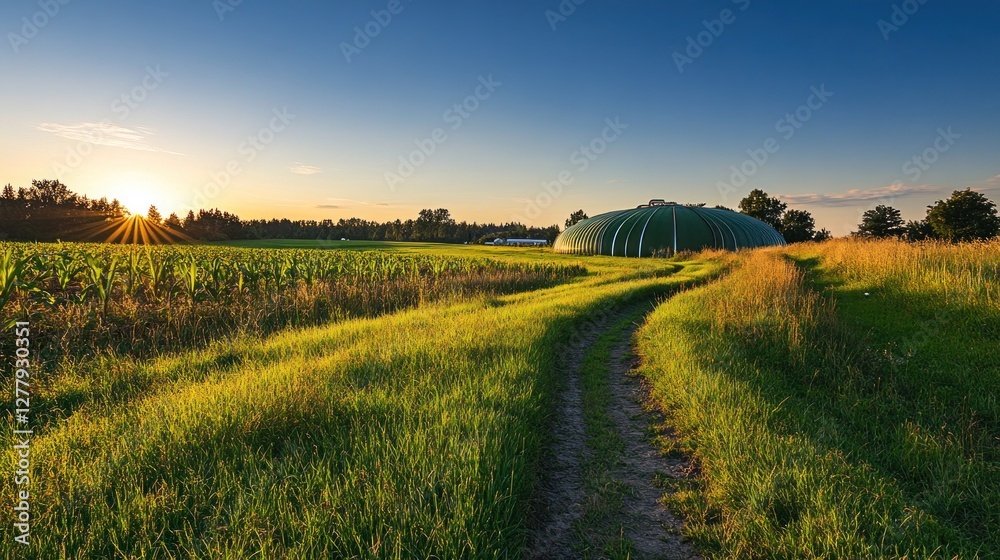 Obraz premium Beautiful agricultural landscape with setting sun and unique structure