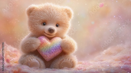 Adorable Teddy Bear with Rainbow Glitter Heart
