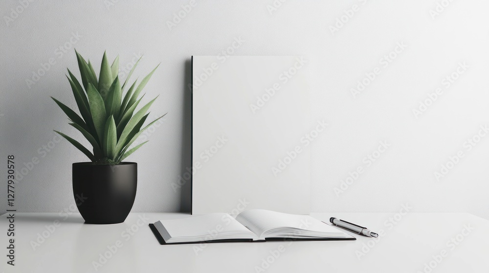 Fototapeta premium Minimalist workspace featuring a plant notebook and picture frame