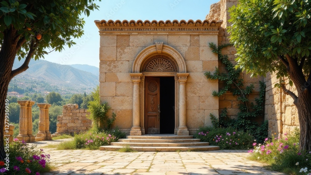 Fototapeta premium Ancient Stone Structure with Open Doorway and Lush Landscaping in a Picturesque Setting