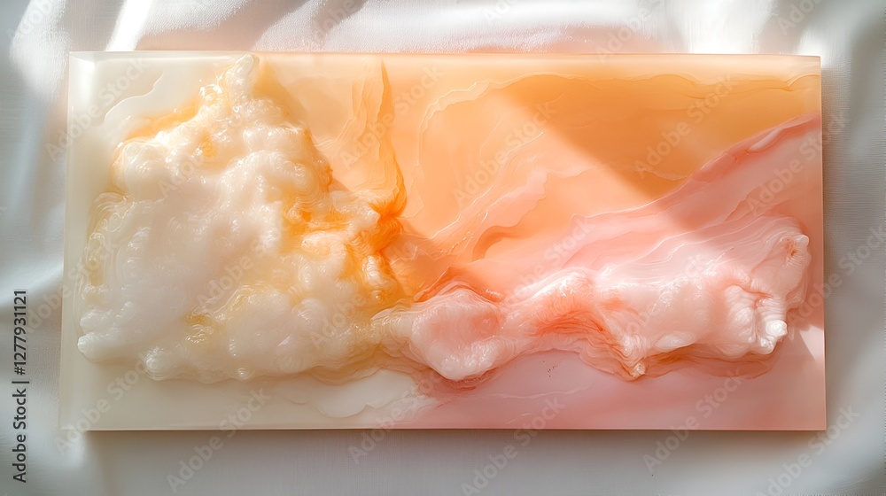 A dreamy resin artwork with soft peach, cream, and light pink hues blended seamlessly. A dreamy resin artwork with soft peach, cream, and light pink hues blended seamlessly.