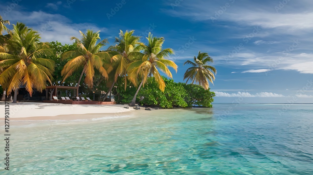 Obraz premium Tropical Island Beach Paradise with Lush Vegetation and Tranquil Water