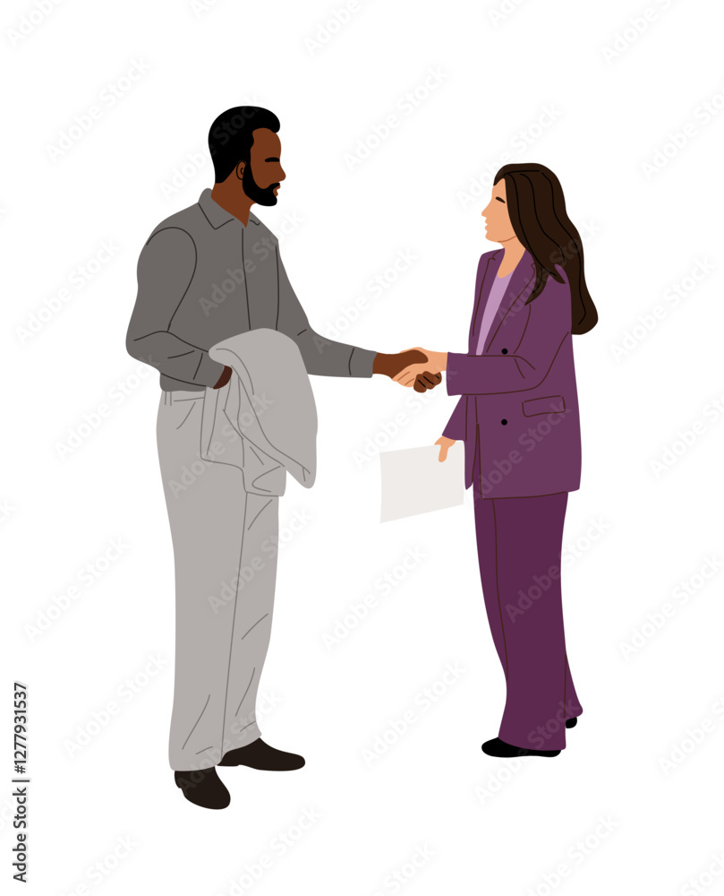 Black Business man and asian woman shaking hands. Meeting of multiracial business people. Office workers in formal suits. Vector flat colorful illustration isolated Black Business man and asian woman shaking hands. Meeting of multiracial business people. Office workers in formal suits. Vector flat colorful illustration isolated